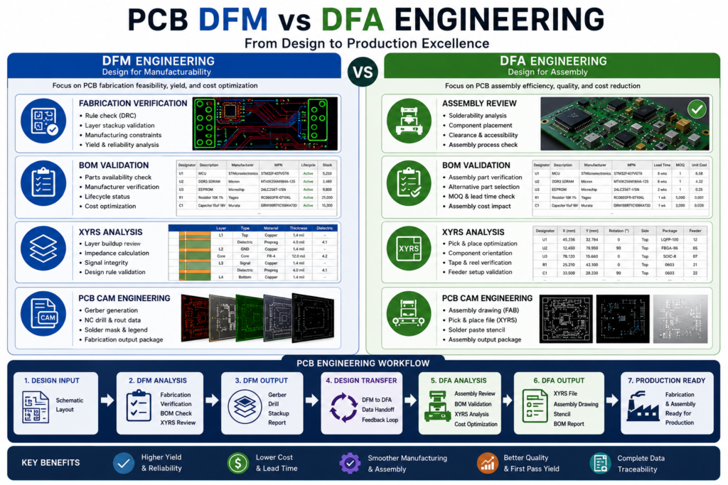 PCB DFM vs DFA engineering comparison showing fabrication verification, assembly review, BOM validation, XYRS analysis, and PCB CAM engineering workflow.